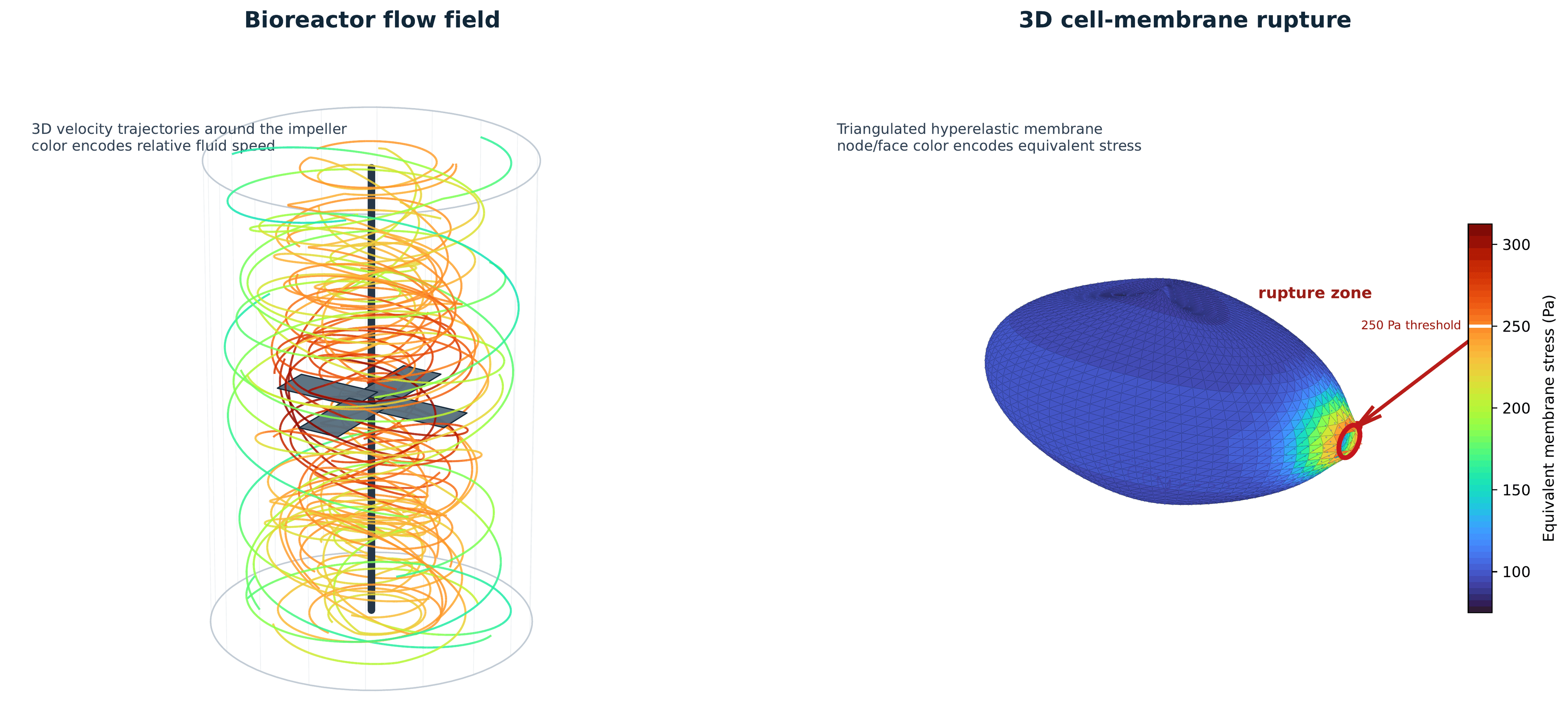 Illustrative reconstruction of bioreactor flow trajectories and cell membrane stress; not a rendering of raw solver fields